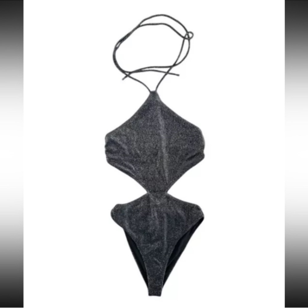 Ramy Brook Ibiza Metallic Cutout One Piece Swimsuit Black Silver XXS NWT